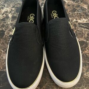 Guess Women's Black and Gold Slip-On Loafers